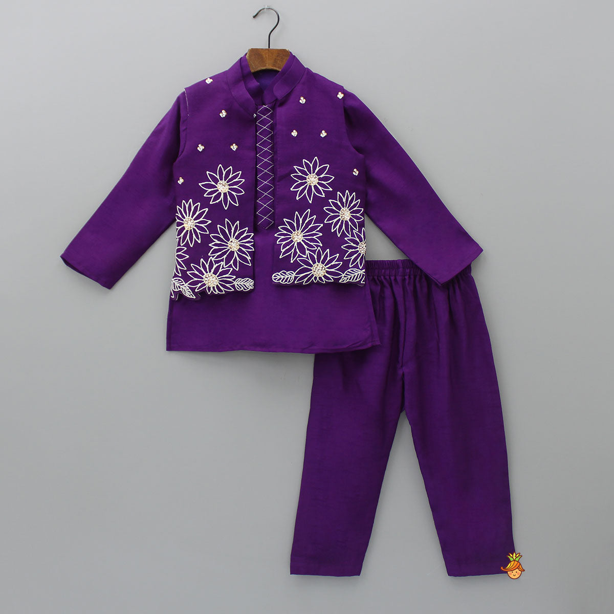 Silk Mandarin Collar Purple Kurta With Open Jacket And Pyjama