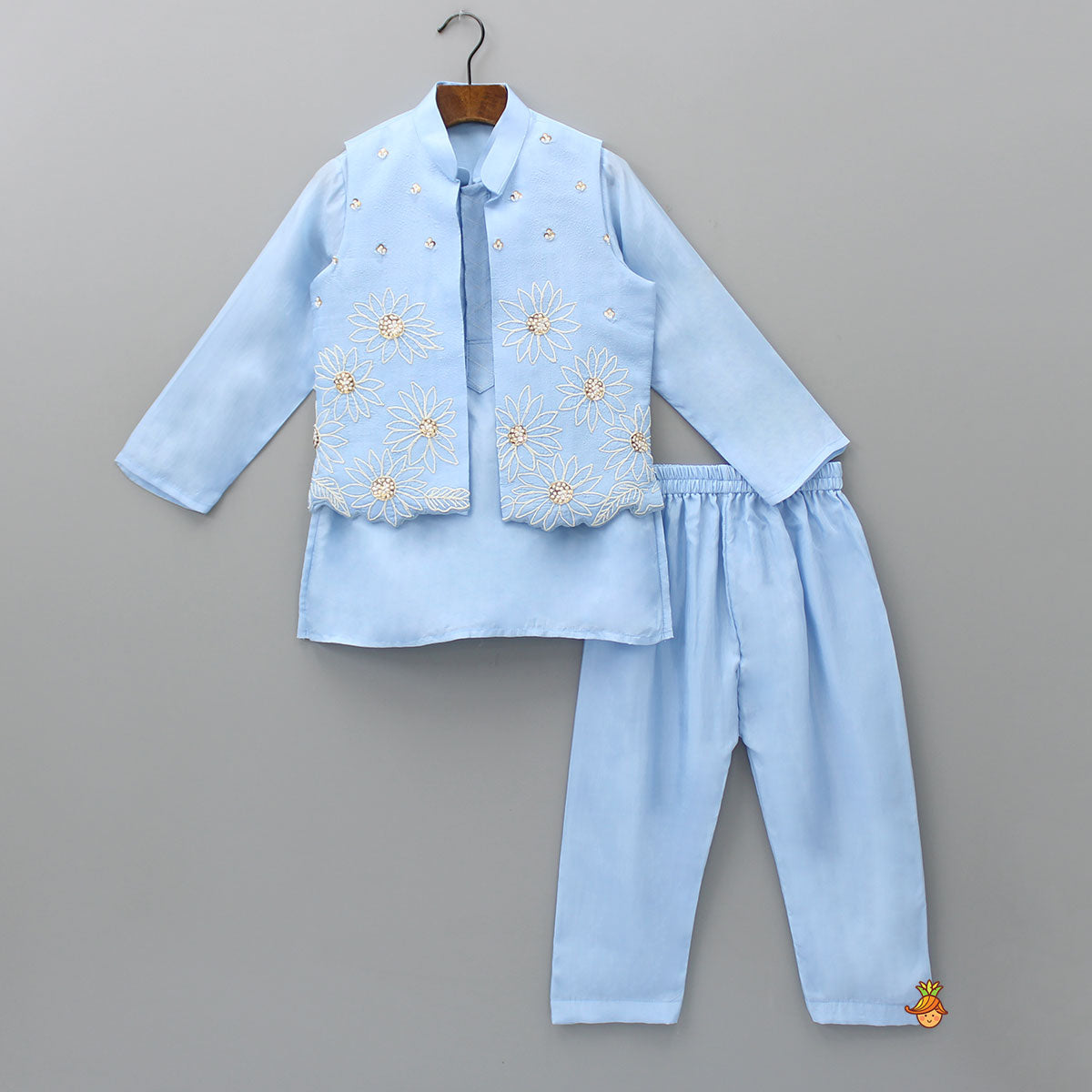Silk Mandarin Collar Blue Kurta With Open Jacket And Pyjama